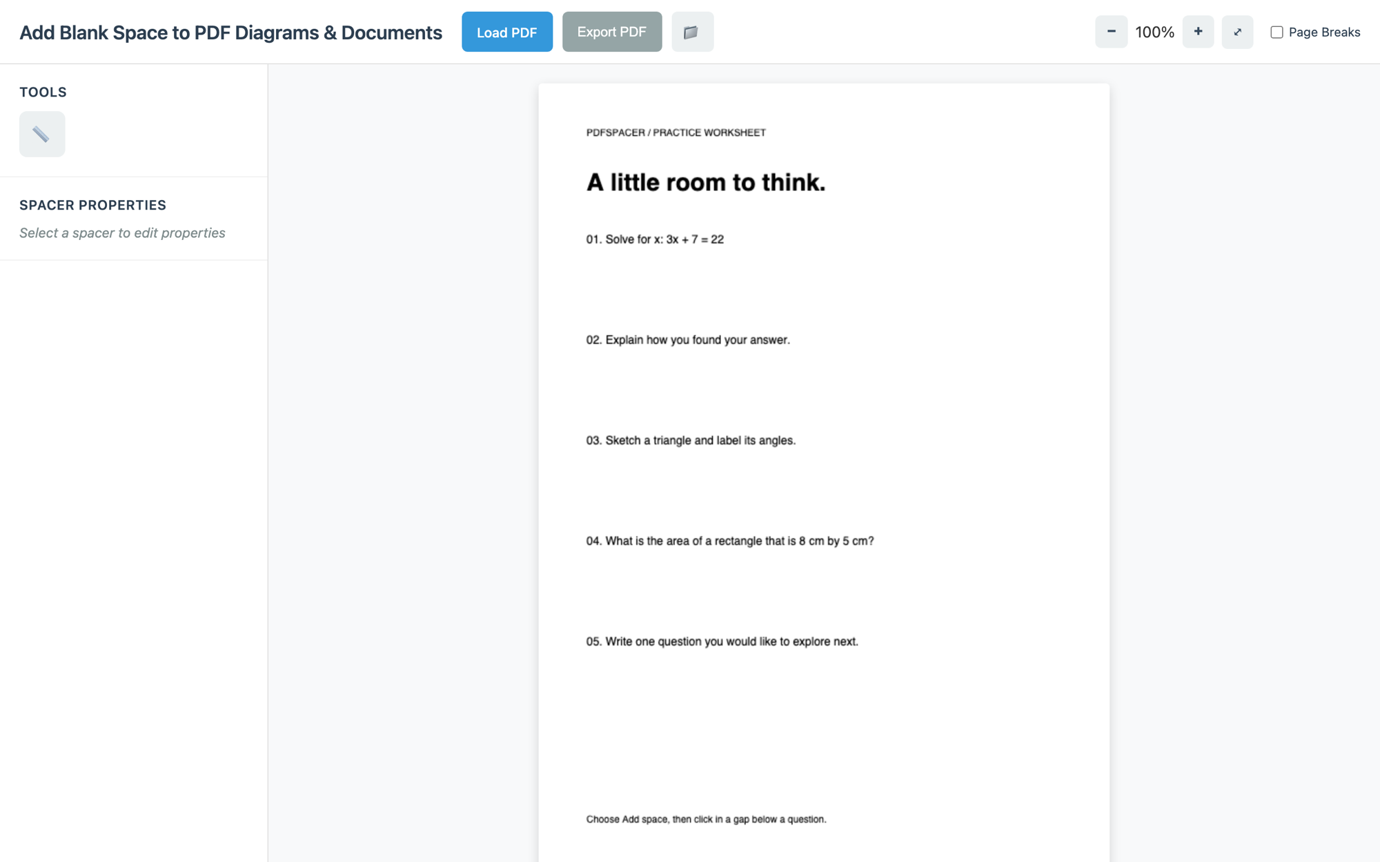 January 2026 editor: a single icon tool, an italic select-a-spacer prompt, and the worksheet with no writing spaces