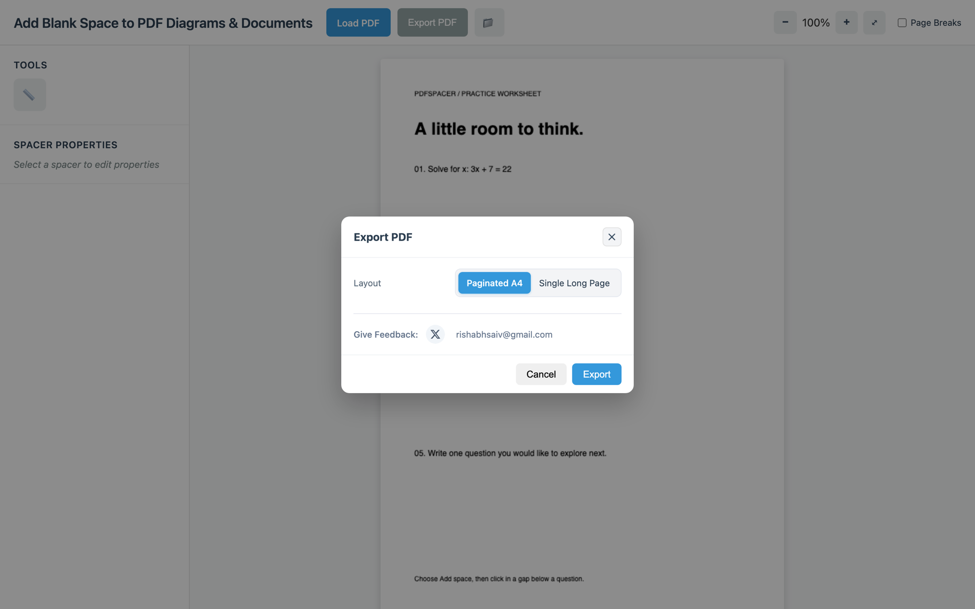 January 2026 export dialog: a Layout segmented control, a Give Feedback row with an X link and email, and Cancel and Export buttons
