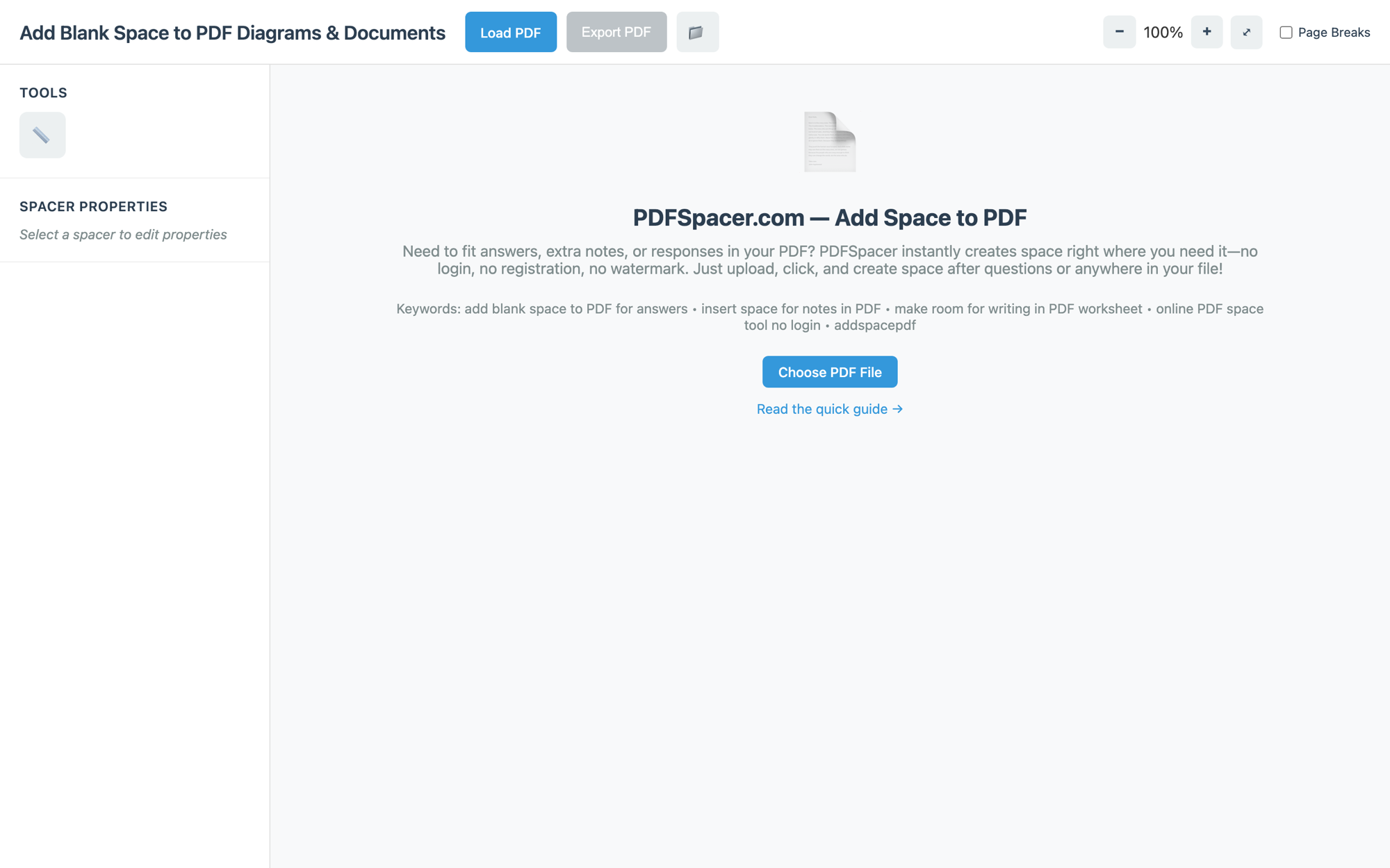 January 2026 version: a header with keyword-stuffed title, an icon-only tools sidebar, and a centered welcome message listing search keywords