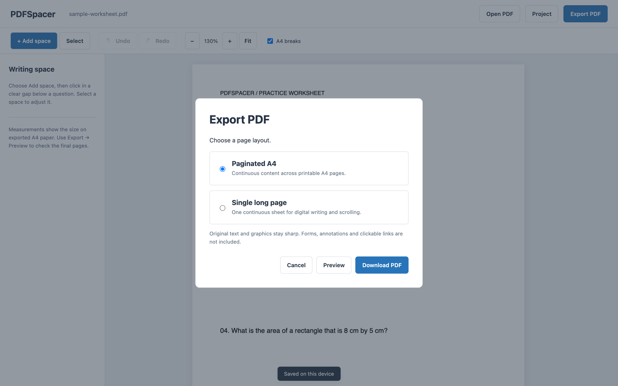 September 2026 export dialog: two radio cards for Paginated A4 and Single long page with one-line descriptions, a note about what is preserved, and Cancel, Preview, and Download PDF