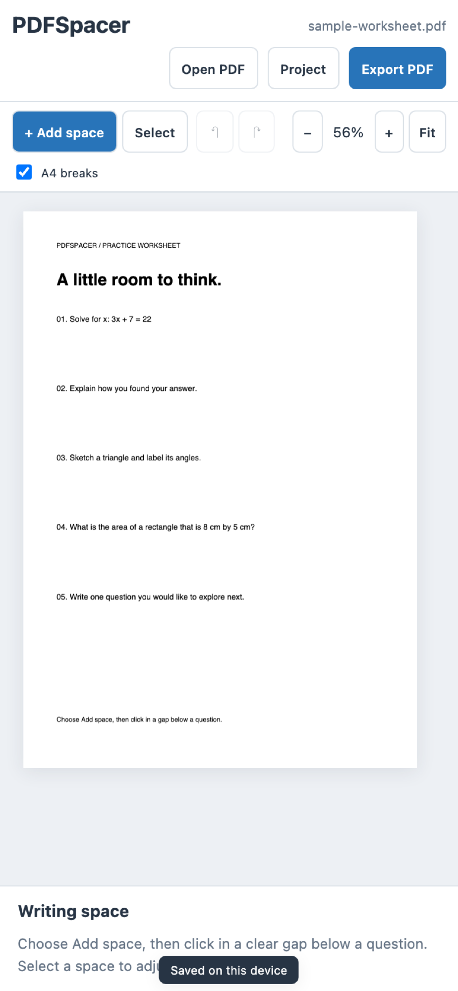 PDFSpacer on a phone: the toolbar wraps to two rows, the worksheet fills the width, and the writing space panel sits below the document